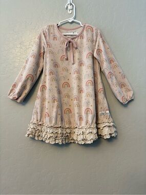 Love & Grow pink rainbow print crochet lace trim long sleeve nightgown size 5Y